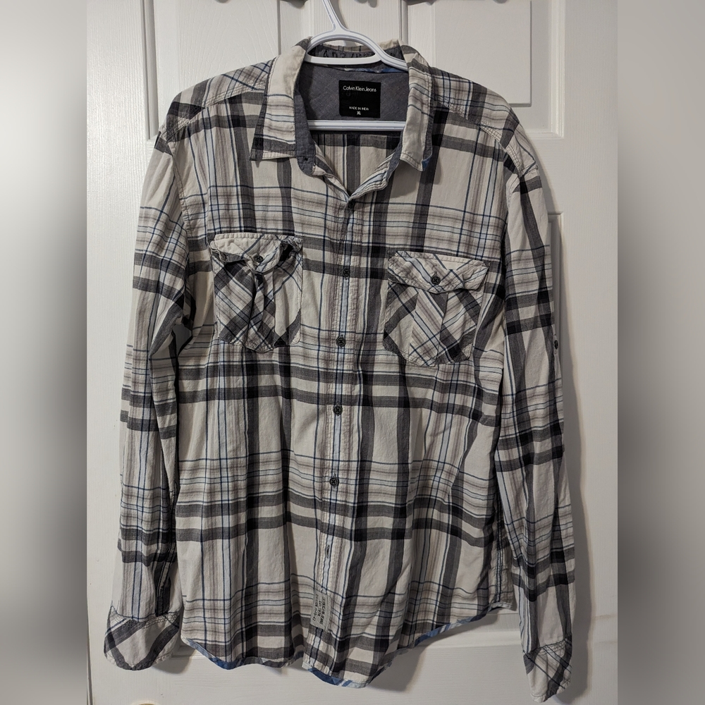 Men's Calvin Klein Jeans Grey and Blue Plaid Long-Sleeve Button Up Shirt